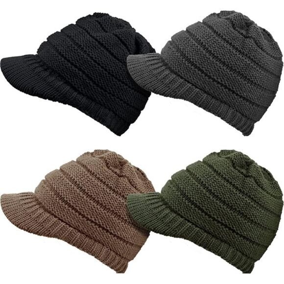 Women's 4 Pieces Winter Knit Hat with Visor Warm Newsboy Skull Cap